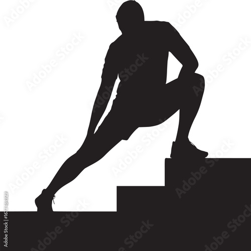 Silhouette of a person stretching on stairs against a white background in a studio setting for fitness