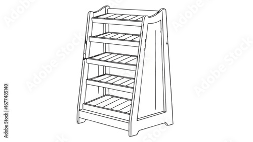 Illustration of a four tiered wooden shelf with a simple frame and slatted shelf bottoms design