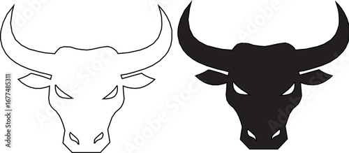 Two bull head icons with a stern look and frowning eyebrows, bull head logo, line and silhouette Vector.