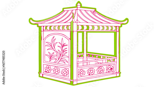 Illustration of a decorative gazebo structure with floral and plant designs in pink and green colors