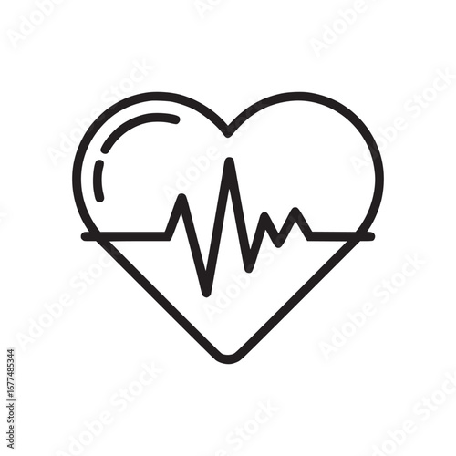 A simple black and white line drawing of a heart with an ekg line through the center on a white background