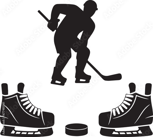 Ice hockey player and equipment silhouette isolated on transparent background
