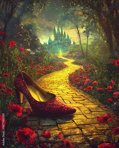 A single, glittering red shoe rests on a yellow brick road leading toward a distant, glowing castle in a vibrant landscape.