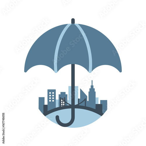 City protection urban safety insurance umbrella icon metropolitan security city skyline under umbrella risk management safeguard secure city urban insurance graphic  reliable protection