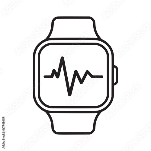 A line art drawing of a smartwatch displaying a heartbeat graph on its screen in black and white style