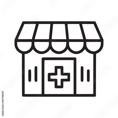A simple black outline of a pharmacy building with a plus sign on the front door icon design