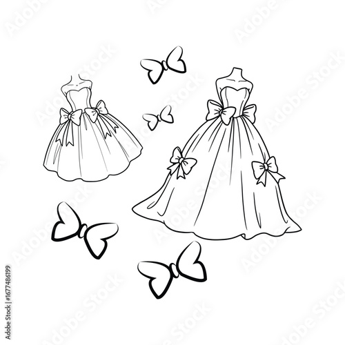 Beautiful princess ball gowns with big bows coloring page vector illustration fashion design wedding dress elegant fairytale