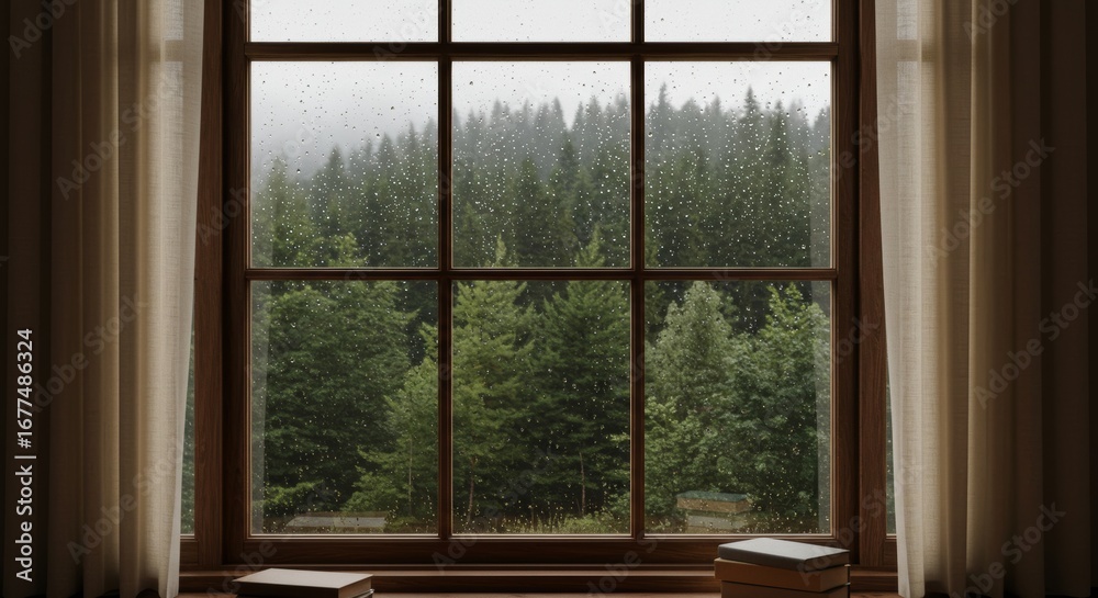 Naklejka premium Serene Forest View Through a Window, a Tranquil Escape into Nature's Embrace