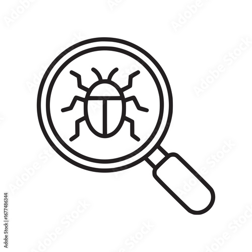 Outline of a bug inside a magnifying glass suggesting software testing or debugging process on white