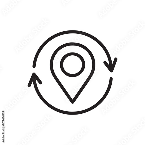 Illustration of a location pin icon with a circular arrow around it on a white background