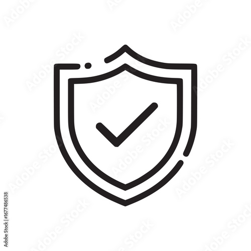 A simple black outline of a shield with a check mark inside on a plain white background illustration