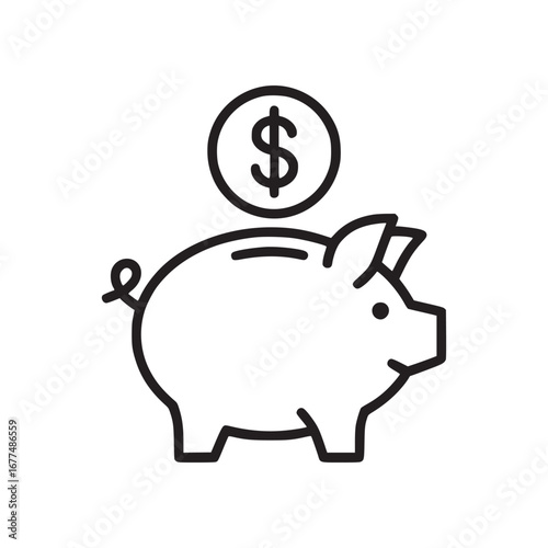 Outline drawing of a piggy bank with a dollar coin above it on a plain white background simple design
