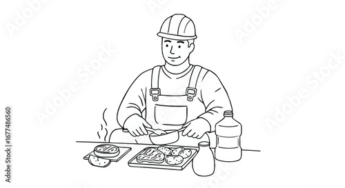 A dedicated construction worker in a hard hat and overalls enjoying a hot and hearty barbecue meal during a well-deserved lunch break
