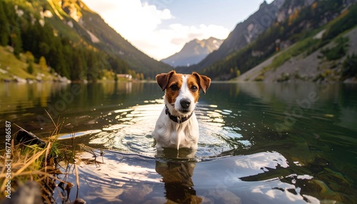 A Jack Russell Terrier dog stands in a mountain lake, surrounded by autumn foliage and mountains