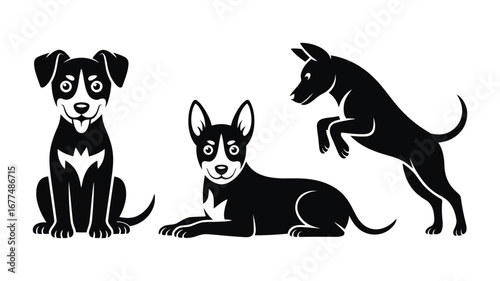 Dog Silhouette Illustration – Three Dogs in Sitting, Lying, and Jumping Poses – Isolated on White Background – Perfect for Pet Designs, Animal Art, and Graphic Projects