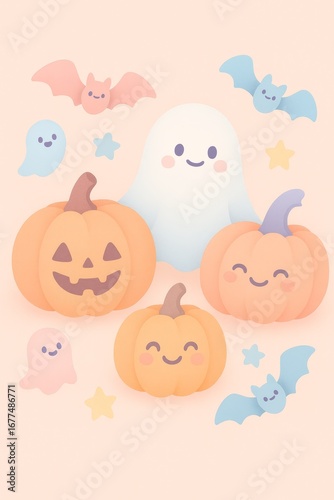Cute friendly Halloween pumpkins ghosts and bats arranged on a pastel background