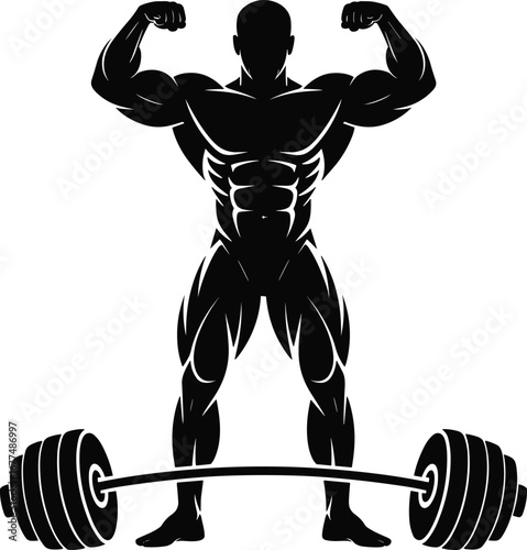 Black silhouette of a muscular bodybuilder flexing with a barbell male