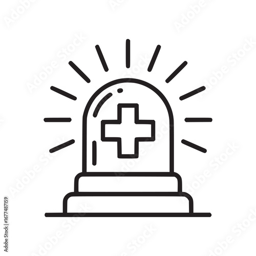 Illustration of a medical emergency light with a cross symbol and radiating lines on a white background