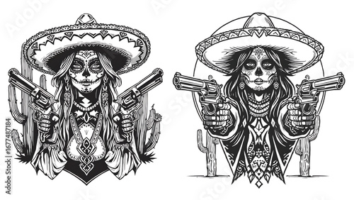 Fun Cartoon Character with Sombrero and Guns in Wild West Theme Design