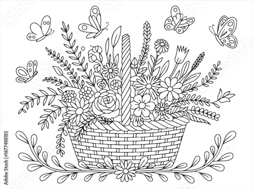 Vibrant bouquet of flowers in a basket with fluttering butterflies.