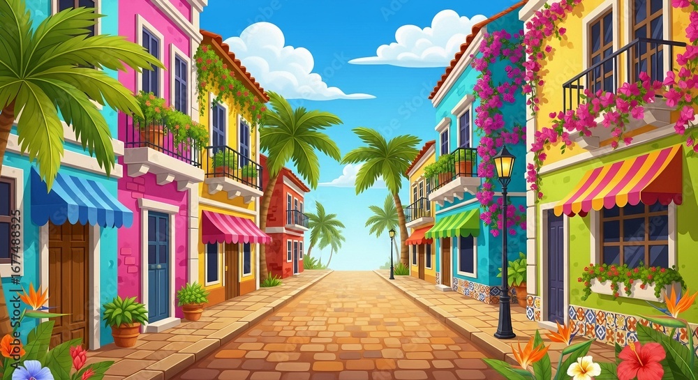 Fototapeta premium Vibrant cartoon street scene with colorful buildings, palm trees, and tropical flowers under a bright blue sky.
