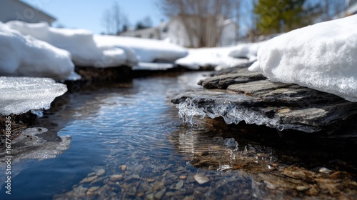 Crystal-clear water flows over dark rocks, with patches of melting snow and ice along the banks.