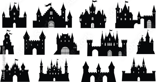 Set of black castle silhouettes, medieval fortress towers, vintage palace architecture, fairytale building icons, vector illustration for historical designs