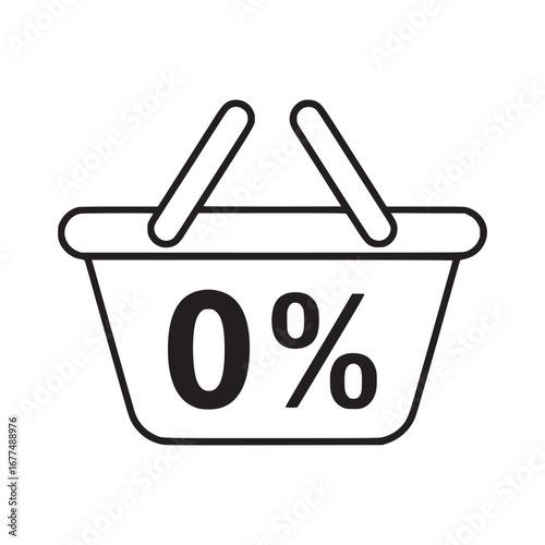 Vector art of zero percent shopping basket icon, representing a special sale or discount offer with low prices and savings for retail commerce and online marketing