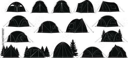 Set of black silhouette camping tents, different shapes and sizes, outdoor adventure, nature, camping gear, forest background, travel, recreation, hiking, exploration
