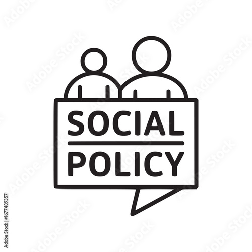 Vector art of icon of social policy concept, representing government regulations, community service, and societal welfare, depicted through simple line art and symbolic figures