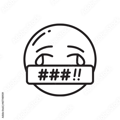 Vector art of censored emoji face with sad expression and tears, representing frustration, anger, and censorship of speech, words, and communication