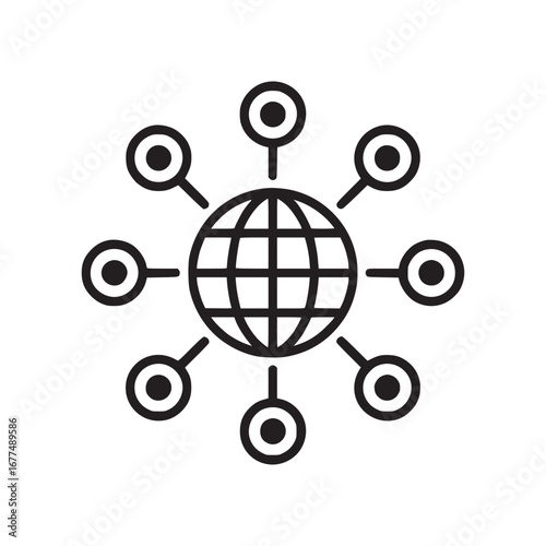 Vector art of global network connection with globe, representing international communication, digital technology, and social media access to online information and worldwide business