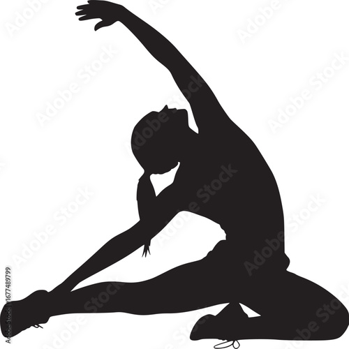 Silhouette of woman in yoga pose stretching her arm up and extending her leg on a white background
