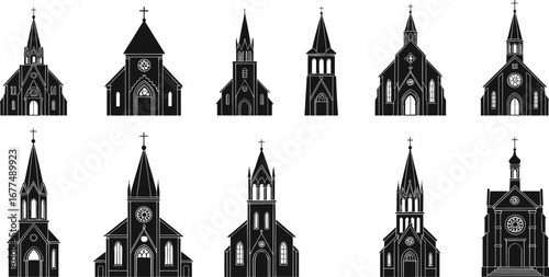 Set of black silhouette church icons, various gothic and traditional church designs, religious buildings, crosses, steeples, spirituality, worship places, faith symbols, architecture