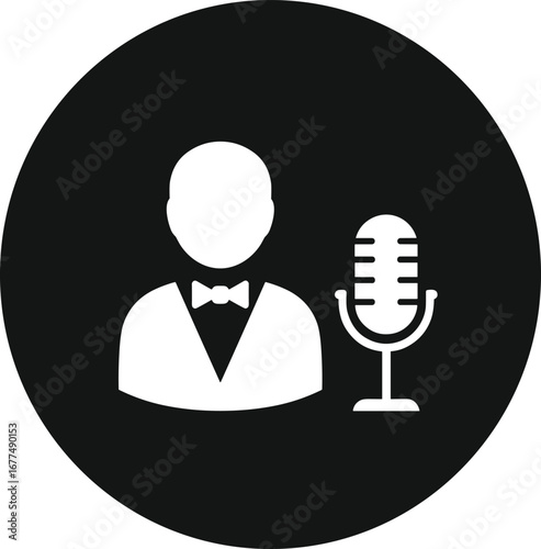 Podcast host microphone icon, announcer silhouette design, radio broadcasting symbol, audio entertainment logo, media communication illustration, voice recording concept