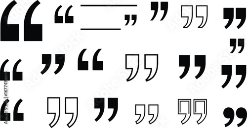 Quotation marks punctuation symbol collection, various styles of speech marks, typography design elements for text, dialogue, grammar, communication and writing