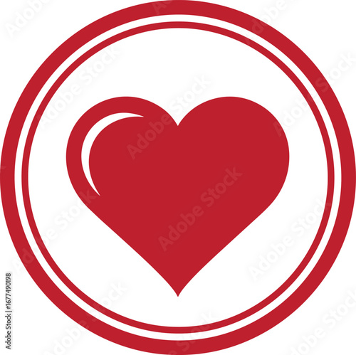 Red heart symbol inside circular frame, love romance icon illustration, abstract design element for Valentine’s Day, health, care, affection