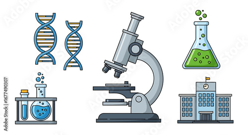 A collection of scientific icons including dna strands, a microscope, laboratory glassware, and a school building, all isolated on a