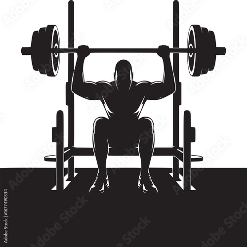 Silhouette of a muscular man squatting with a barbell in a weight rack against a white background