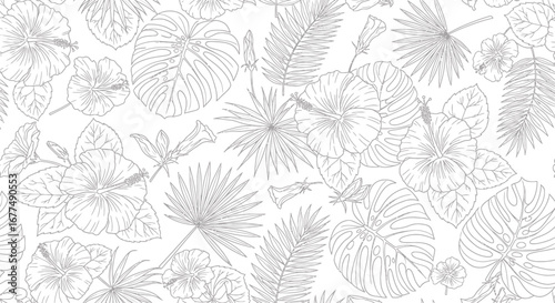 Seamless pattern of tropical flowers and leaves, including hibiscus and monstera, rendered in a delicate line art style on a clean, perfect for botanical or summerthemed designs