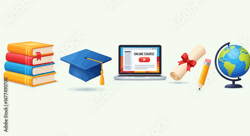 Online education concept with stack of books, graduation cap, laptop showing online course, diploma scroll, pencil, and globe