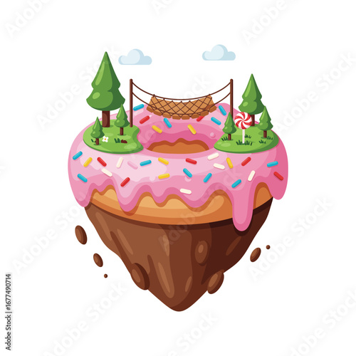 Whimsical Donut Island with Bridge Trees and Candy Fun Creative Illustration