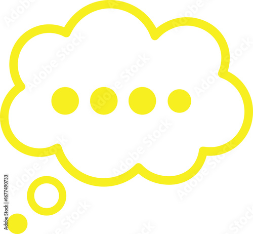 Yellow thought bubble with four dots, creative idea symbol, communication sign, conversation message icon, imagination thinking design element illustration