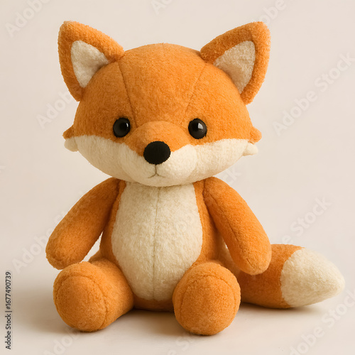 Cute plush fox toy with big eyes and fluffy tail sitting upright