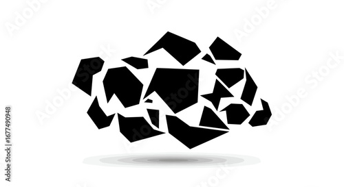 Abstract geometric fragmentation of a black shape, , representing disruption or transformation