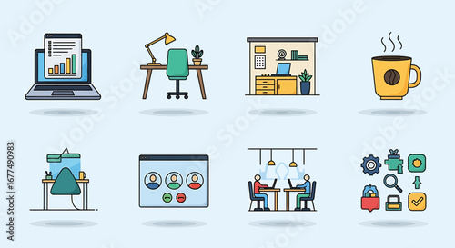 Collection of flat design icons representing office work, remote work, and business activities, including laptops, desks, coffee, and teamwork