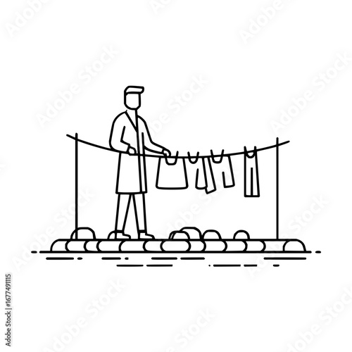 Man hanging laundry clothesline vector illustration for laundry day chores and home cleaning concepts