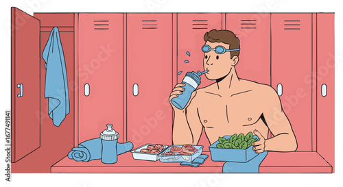 Illustration of an athletic swimmer refueling with a healthy meal and hydrating in a locker room after a workout