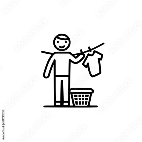 Laundry day chores vector art showing man hanging clothes on line for household cleaning routine vector