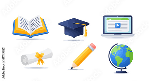 Collection of educational icons including an open book, graduation cap, laptop with video, diploma, pencil, and globe